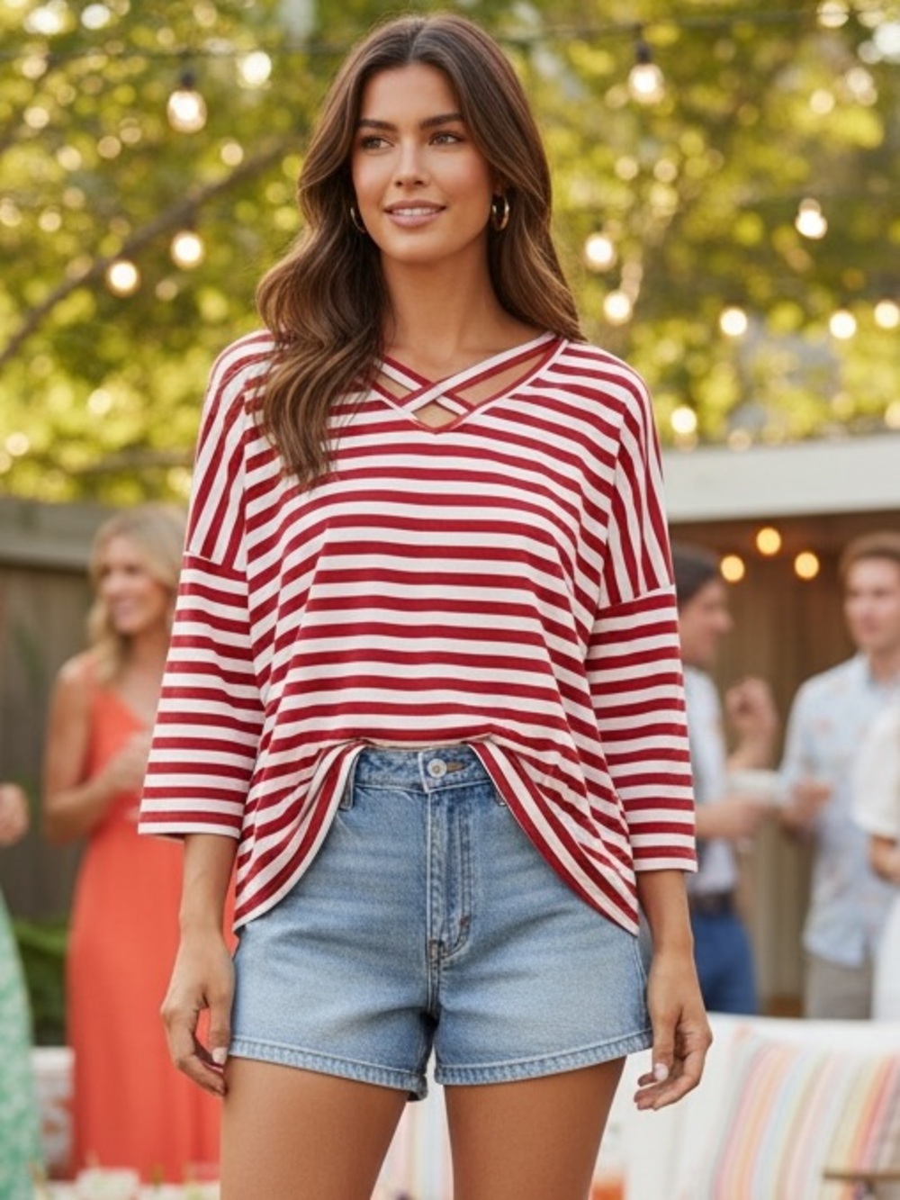 Chico’s Red White Striped Crisscross Neck Tunic Top Size 0/Medium